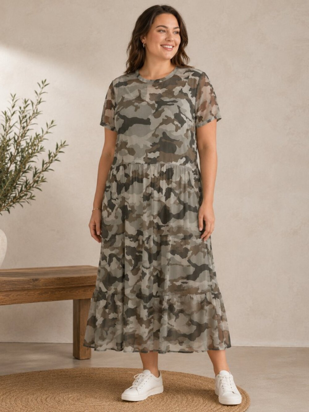 Lily Rose Womens Camo Mesh Overlay Tiered Midi Dress 1X Fits XL Fairy Grunge NWT